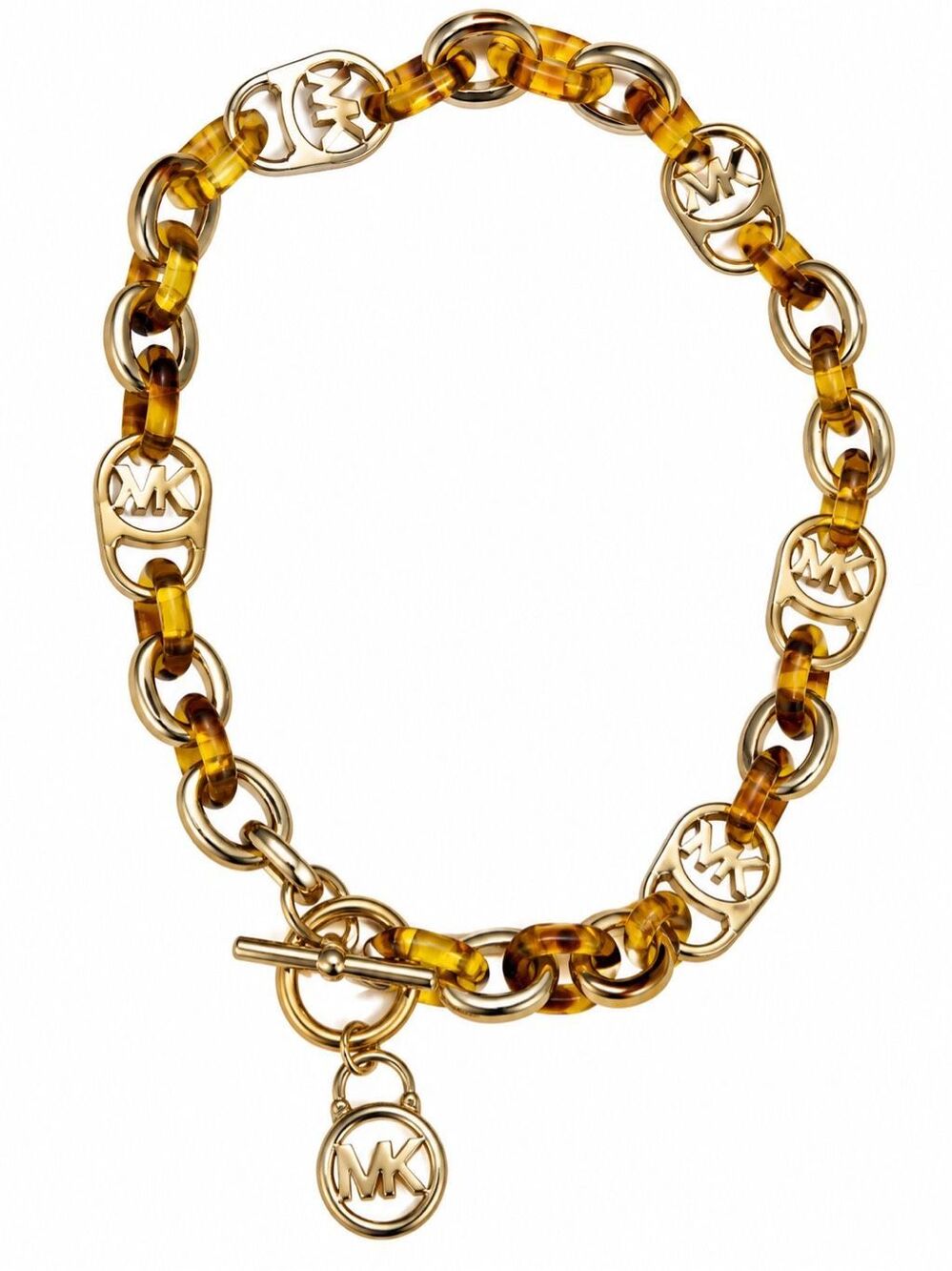 Michael Kors Tortoiseshell Gold Tone MK Logo Toggle Charm Necklace